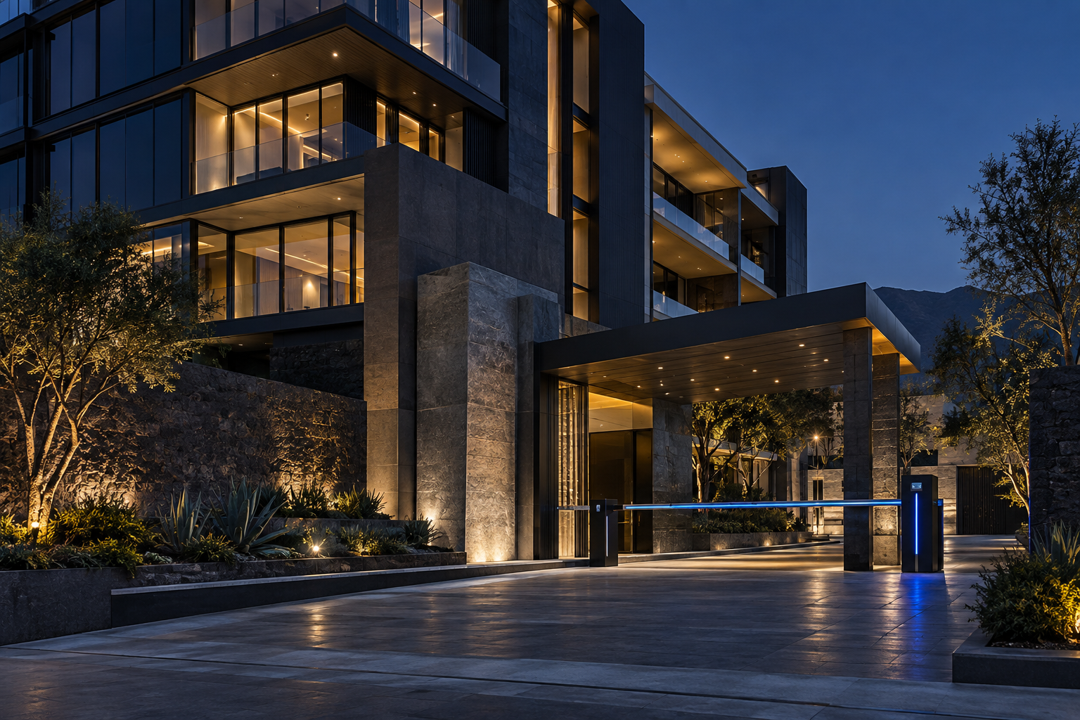 Visualización arquitectónica de un edificio contemporáneo al anochecer